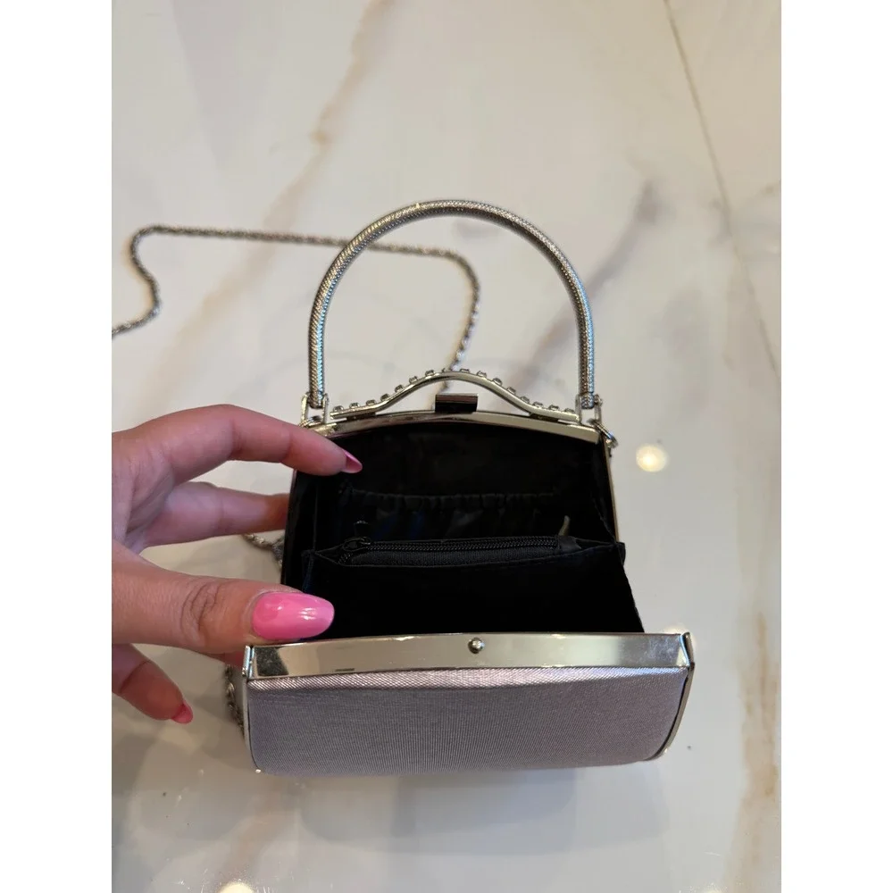 Lavender Satin Rhinestone Evening Bag Mini Handbag‎ Crossbody Silver Chain